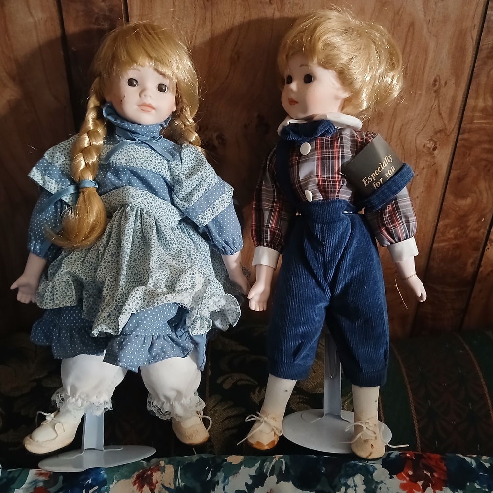 Porcelain Doll Set with Blue and Plaid Outfits